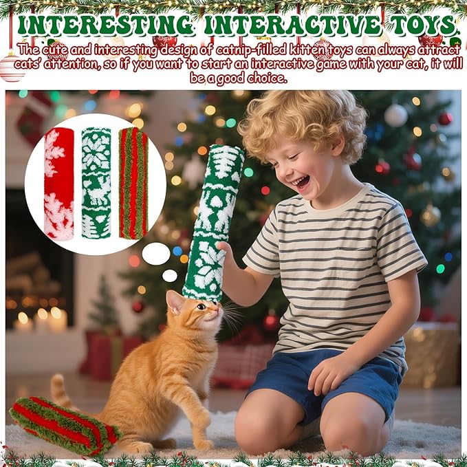 Civaner 6 Pcs Christmas Cat Catnip Toy for Indoor Cat 10.6 Inch Kitten Kicker Stick Catnip Toy with Crinkle Sound Soft Plush Kitten Pillow for Chew Exercise Gift (Red, Green, Red Green Stripes)