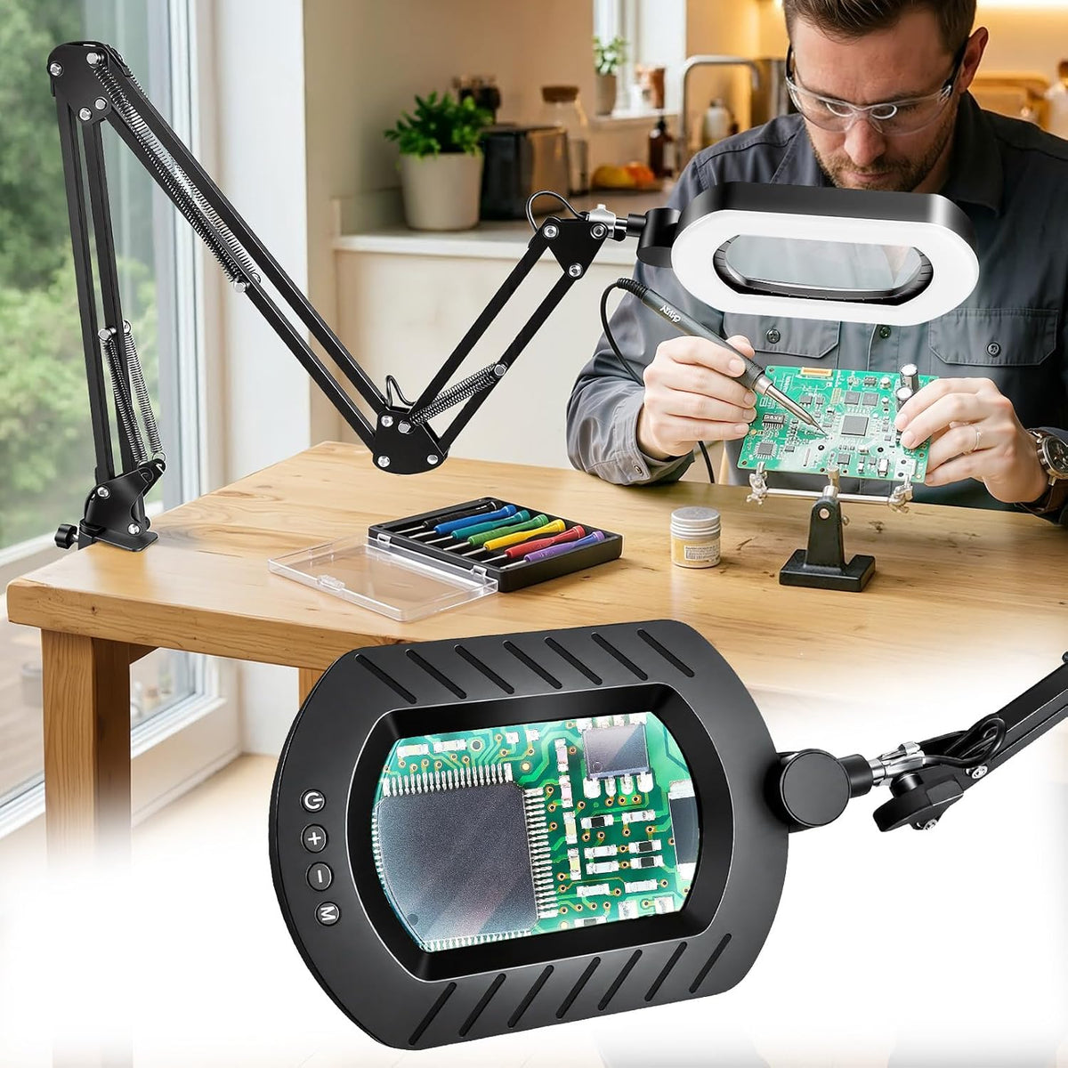 Magnifying Lamp with Light 12X, 3-Section Arm LED Desk Clamp Lamp (Black)
