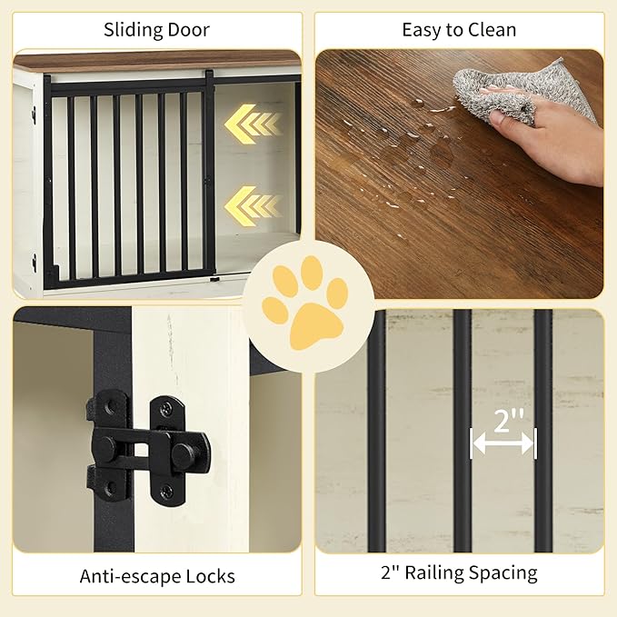 54" Dog Crate Furniture for 2 Dogs, Double Dog Cage with Divider, Wooden Heavy Duty Dogs Kennel, Pet Cage with Barn Door, TV Stand for Large Small Medium Pet, White Brown DFC88314B