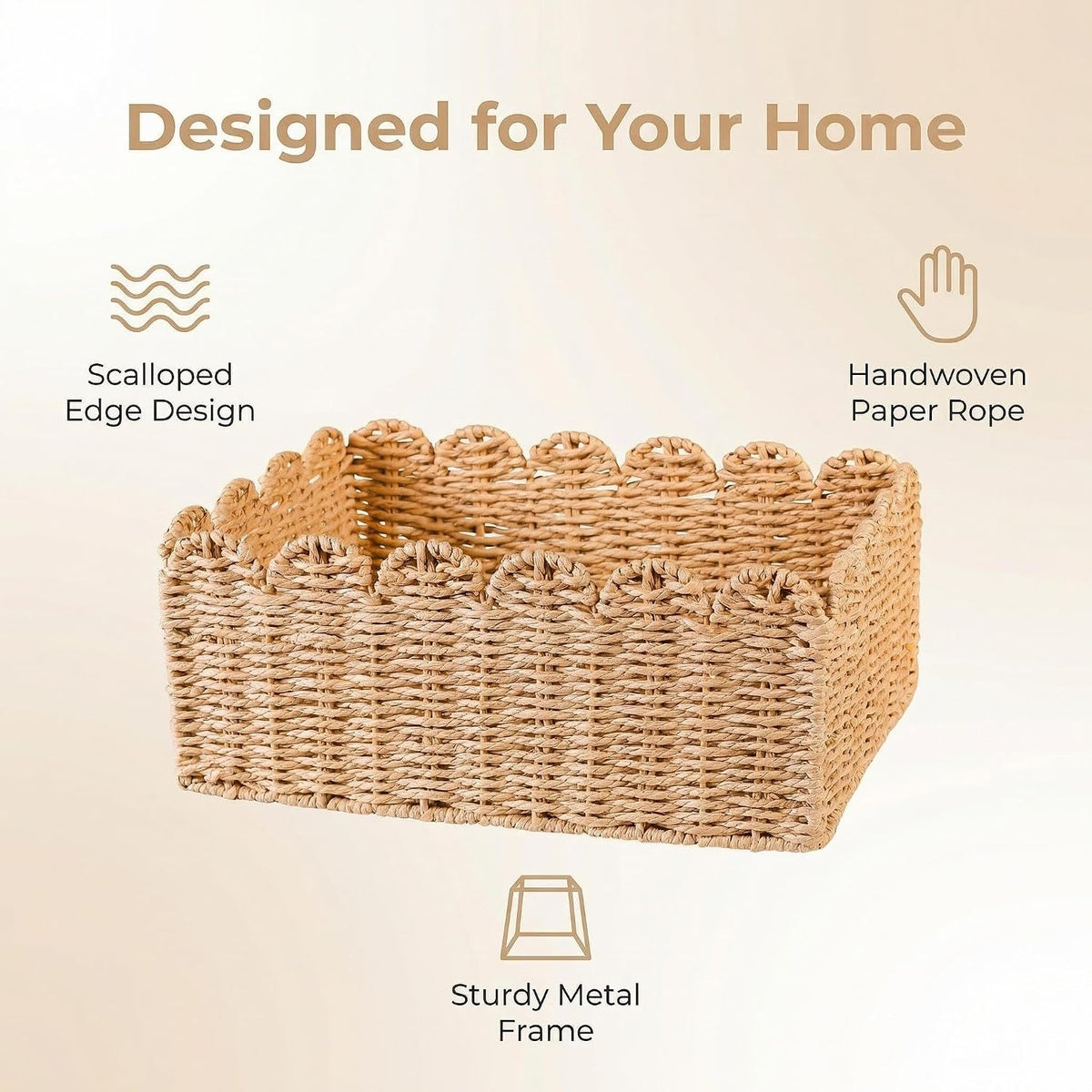 Scalloped Basket, Paper Rope Wicker Storage Baskets 14" L x 10.5" W x 5.9" H, Hand Woven Baskets for Shelves, Rattan Organizing Baskets for Living Room, Bedroom, Table, Bookcase, Shelf (Large)