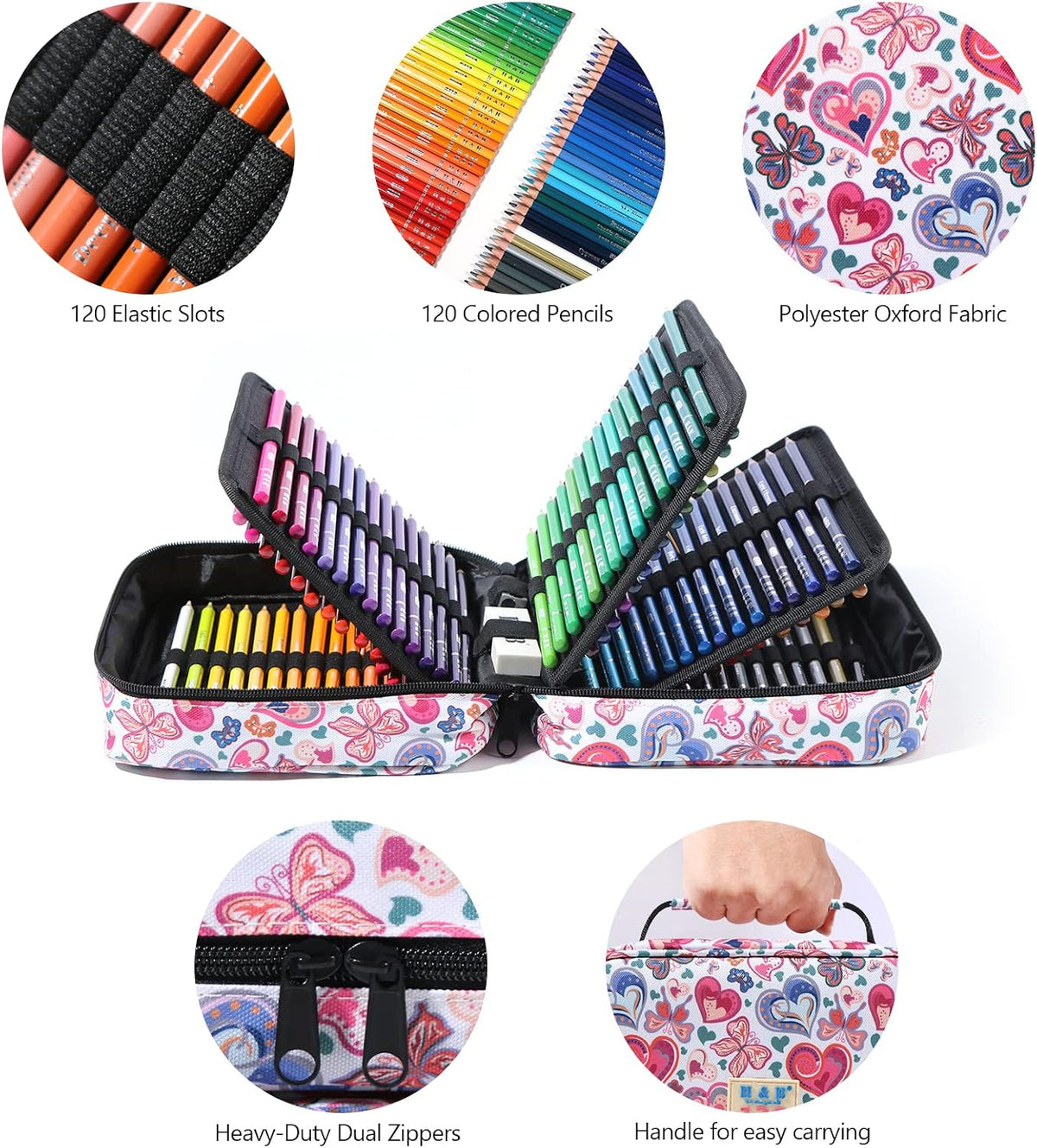 H & B 120 Oil-Based Colored Pencils Set with Coloring Book & Zipper Case