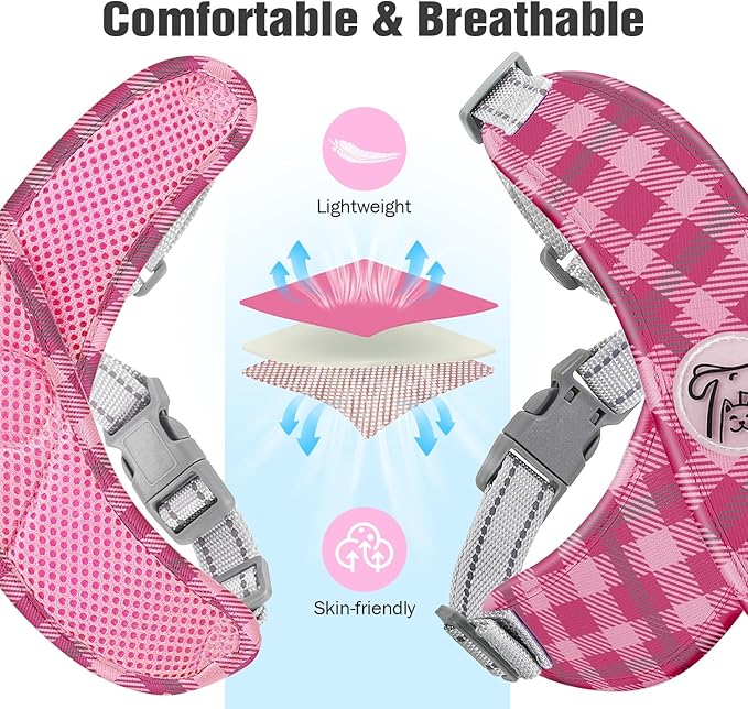 Pawaboo Small Dog Harness and Leash Set, Puppy Harness X-Frame No Pull No Choke, Dog Vest Harness Adjustable for Small Medium Sized Dogs,Soft Breathable Pet Harness for Walking Outing, S, Pink Plaid