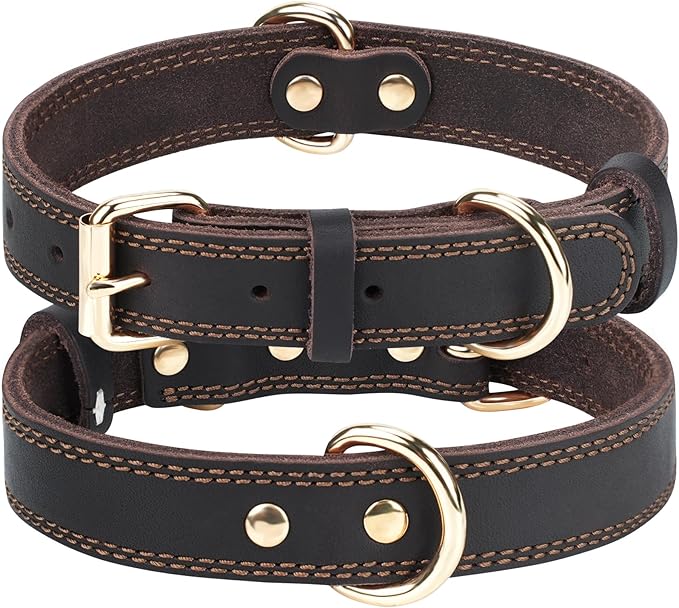 Joytale Leather Dog Collar for Medium Dogs, Genuine Thick Solid Leather, Heavy Duty Sturdy Pet Collar, Adjustable Metal Pin Buckle for Reliable Daily Training and Walking, Brown, M