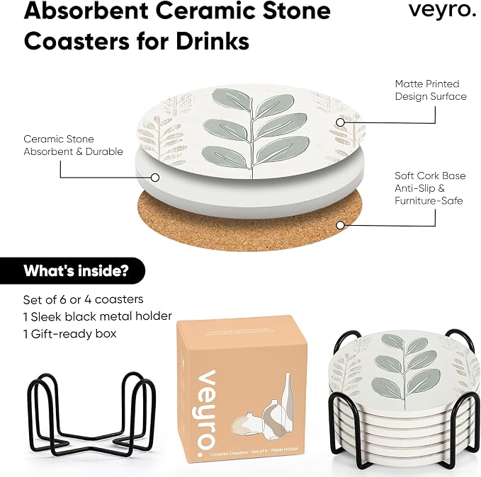 VEYRO Ceramic Coasters Set of 6 – Absorbent Stone Drink Coasters