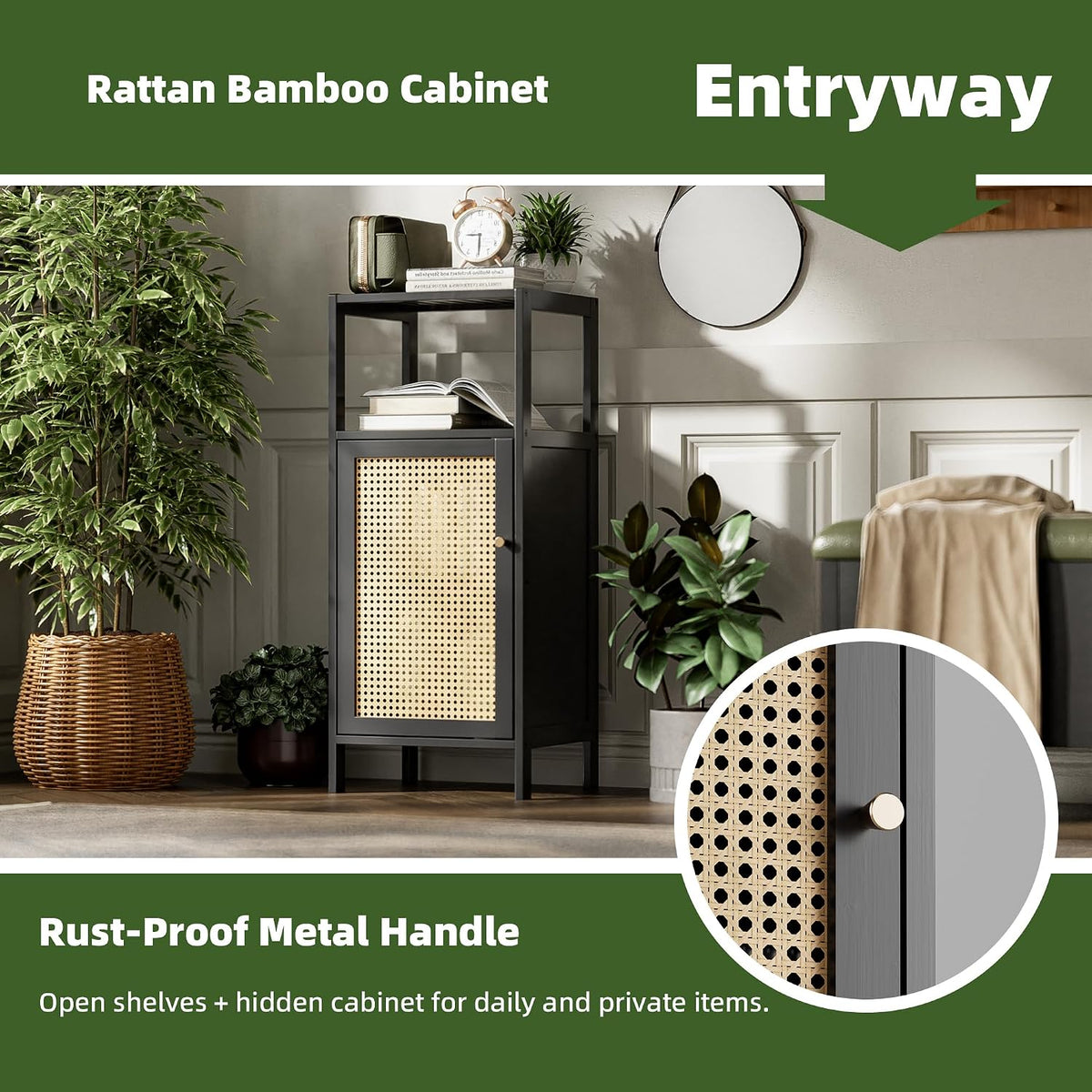 Bamboo Floor Rattan Cabinet, Small Bathroom Storage Organizer Rack with 1 Door and 1 Shelf, Space Saving Wood Kitchen Cupboard, Hallway Side Table, Living Room Freestanding Stand (Black)