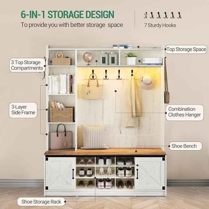 59.8" Hall Tree, LED Farmhouse Entryway Storage and Coat Rack Wood, Entryway