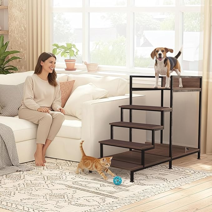 Dog Window Perch with Stairs - Multilevel Perch to Look Out Window with 130 lbs Load Capacity - Pet Bunk Bed with Feeding Station & Anti-Slip Carpet (Walnut Color)