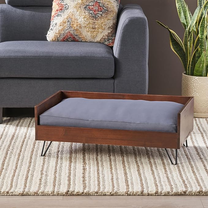 Christopher Knight Home Mid-Century Modern Pet Bed, Brown Acacia Wood Frame with Gray Cushion, Hairpin Legs, 29.5x17.75x11 Inches
