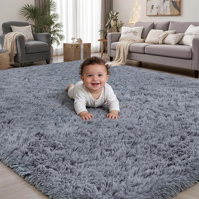 Area Rug for Living Room Bedroom: 8x10 Grey Soft Fluffy Shag Upgrade Non-Slip