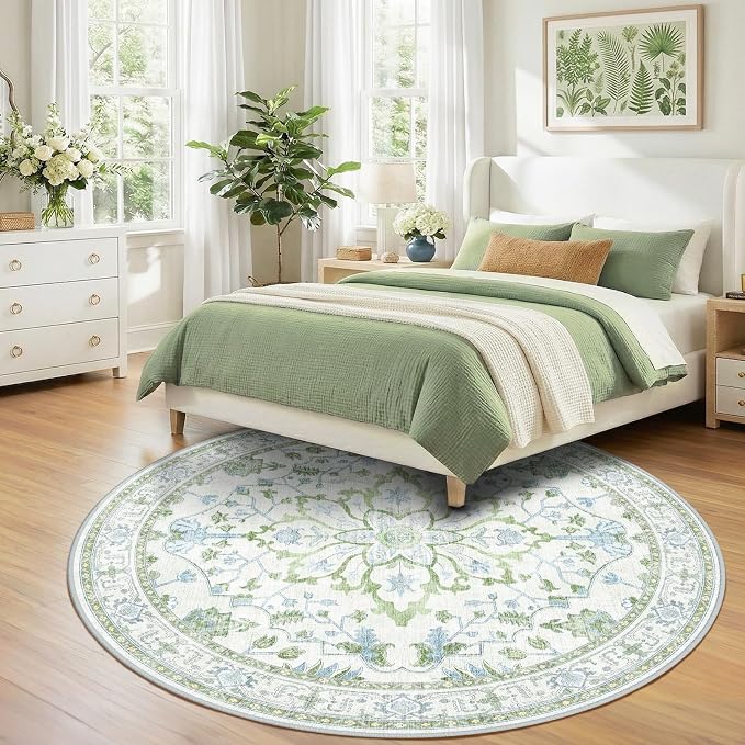 RELEANY Area Rugs Round 8ft Washable Non-Slip, Floral Vintage Distress