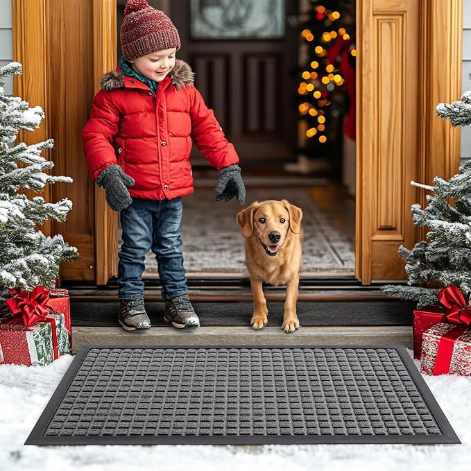 Smiry Front Door Mat Outside Entrance, Heavy Duty Natural Rubber Doormat