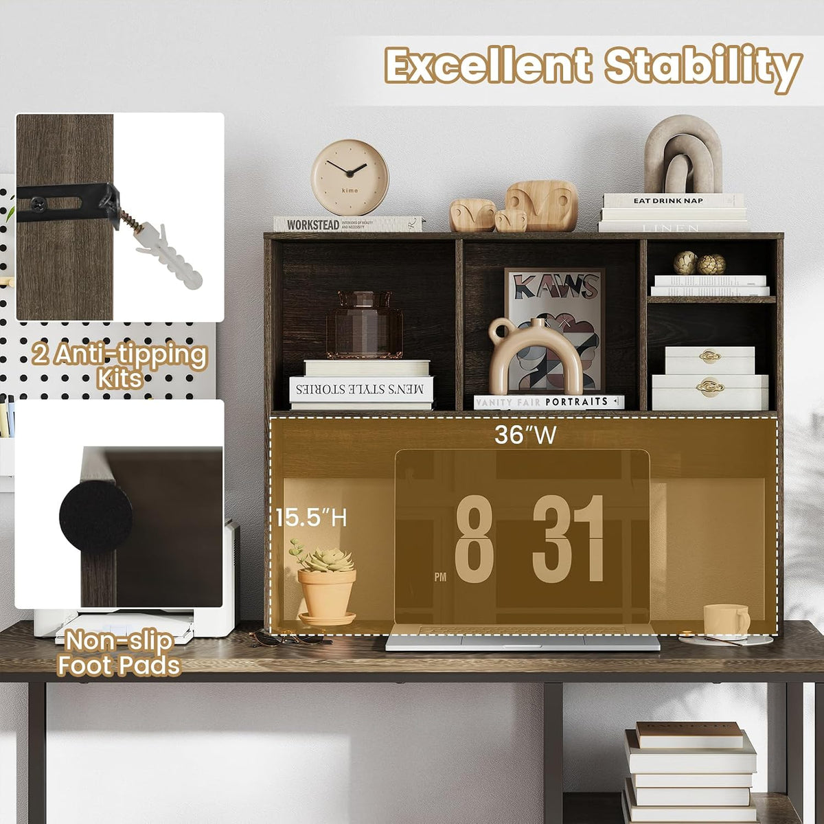 LDAILY Desktop Bookshelf, 2-Tier Office Desk Shelf Organizer with 4 Shelves, 37’’L Wood Storage Rack Display Shelf for Computer Desk, Office, Dorm, Bedroom (Grey)