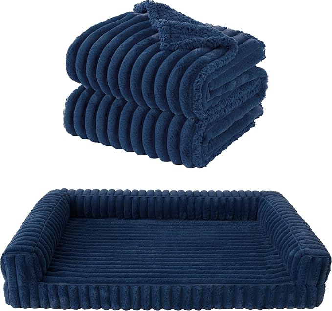 Bedsure ComfyFleece Orthopedic Dog Bed with Waterproof Dog Blanket for XL Dogs, Blue
