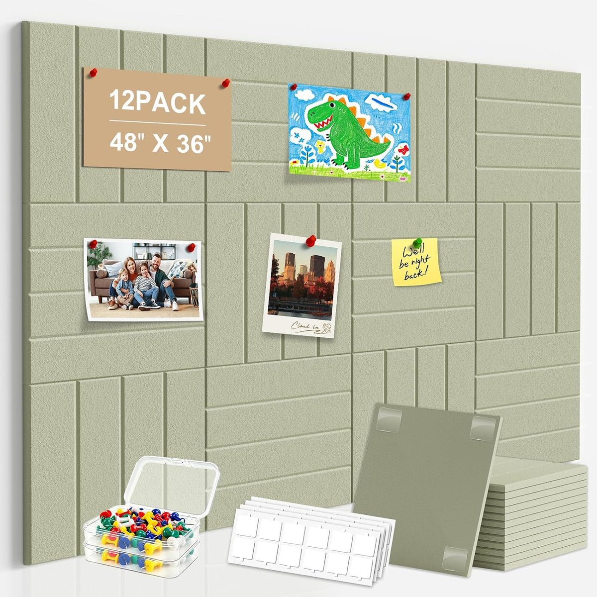 12-Pack Felt Bulletin Board, 48" x 36" Large Cork Board Alternative for Walls Decor, with 60 Pushpins, 70 Damage-Free, Thick Pin Board for Office, Home, Classroom - Sage Green