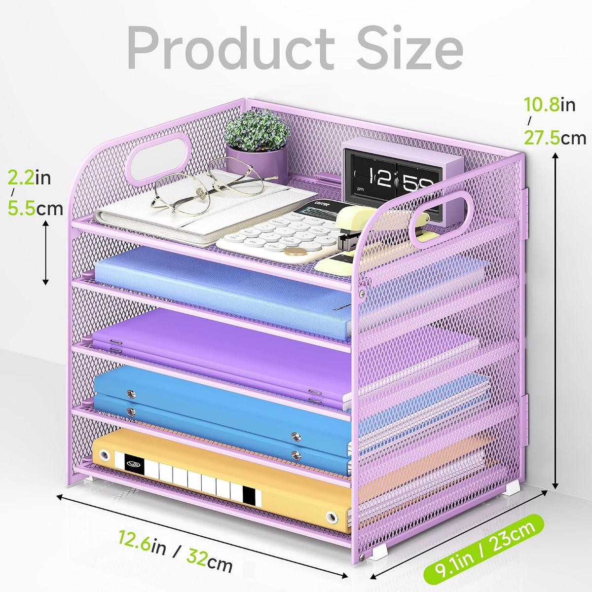 Cawukege 2 Pack 5 Tier Paper Organizer, Letter Tray with Handle, Mesh Desk Organizer, Metal File Organizer, Office Desk Accessories for Home, Office, Classroom, School -Purple
