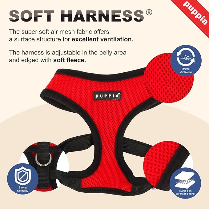 Puppia Soft Dog Harness No Choke Over-The-Head Triple Layered Breathable Mesh Adjustable Chest Belt and Quick-Release Buckle, Beige, Large