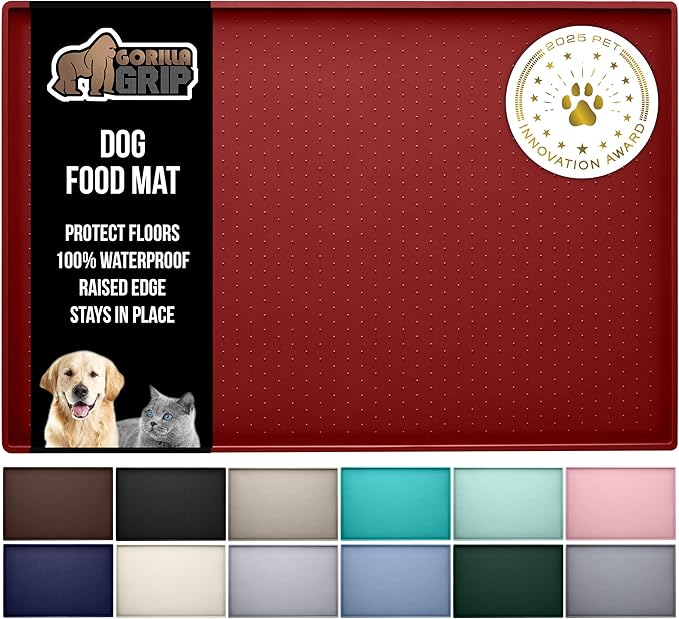GORILLA GRIP 100% Waterproof Raised Edge BPA Free Silicone Pet Feeding Mat, Dog Cat Food Mats Contain Spills Protects Floors, Placemats for Cats and Dogs Water Bowl, Pets Accessories 32x24 Red