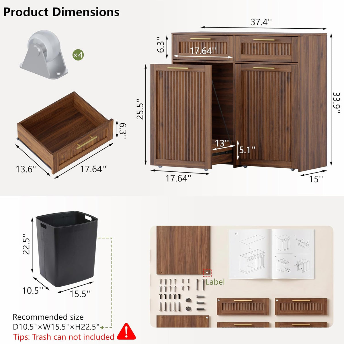 Double 13 Gallon Pull Out Trash Can Cabinet with Drawer, Garbage Cabinet