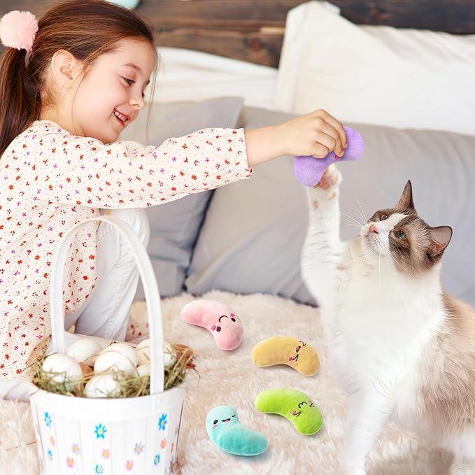 MALLMALL6 5Pcs Easter Jelly Beans Candy Catnip Toys Gift for Indoor Cat, Colorful Sugar Catmint Interactive Toy, Soft Cute Pet Presents Supplies Gift for Cat Lover, Kitten Teething Chew Kick Set