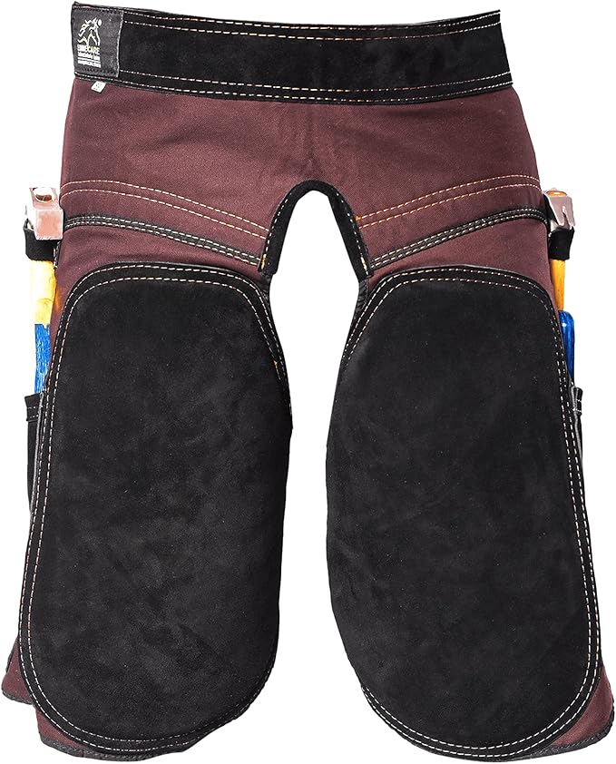Equine Care Farrier Apron Chaps – 2mm Cowhide Suede Leather, 500 GSM Canvas, 23" Length, Adjustable Waist (28–52"), Ambidextrous Knife Pockets, Magnets & Loops – Horseshoeing & Hoof Trimming.