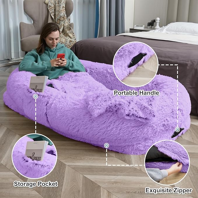 YAEM Human Dog Bed for Adult and Pets - 71"x45"x12" Dogs Beds for Humans with Washable Faux Fur Cover, Plump Pillow, Blanket, Orthopedic Design, Strap-Purple
