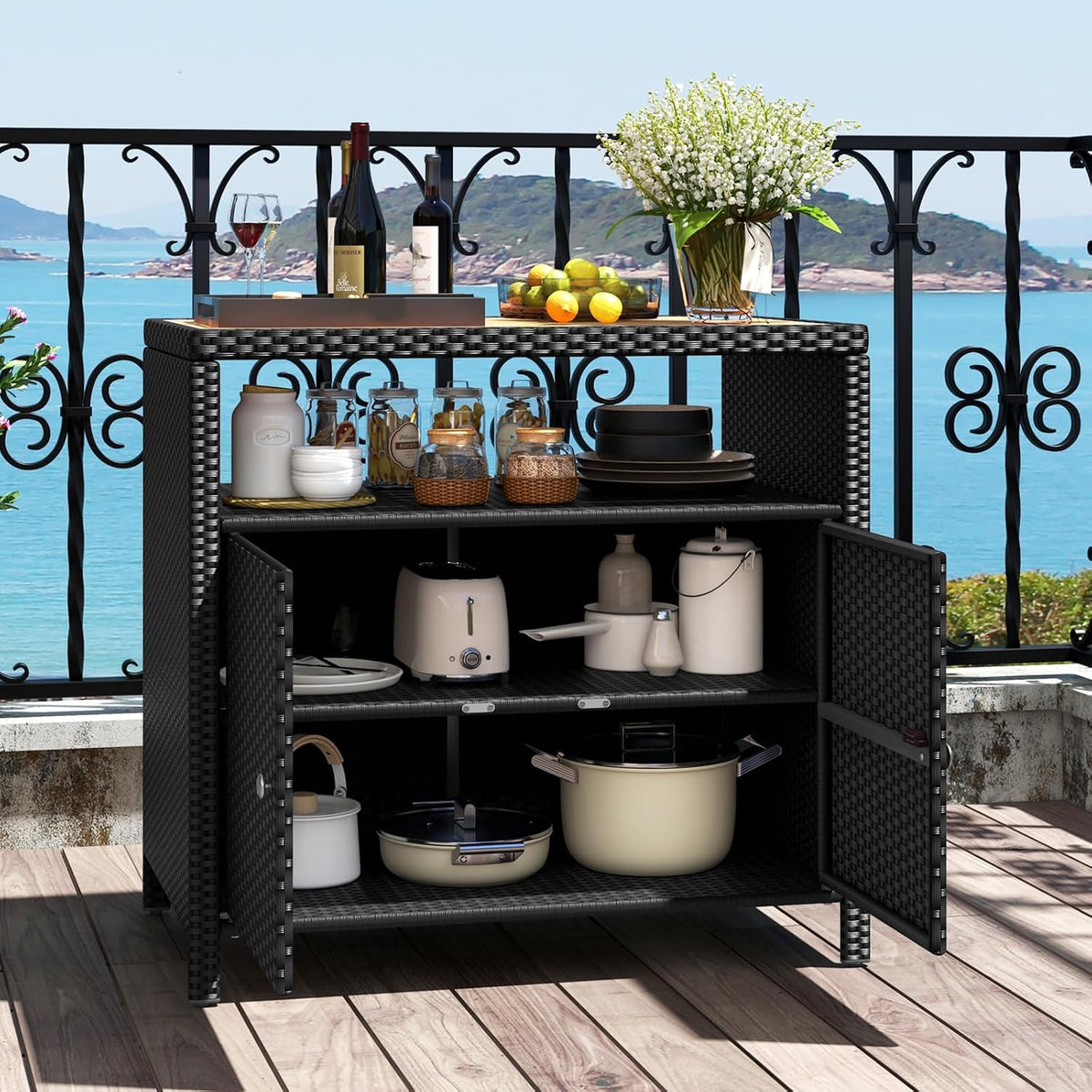 RELAX4LIFE Wicker Outdoor Bar Cabinet - PE Rattan Patio Bar Table