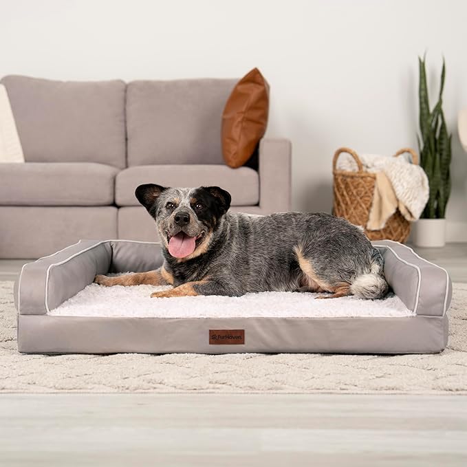Furhaven Cooling Dog Sofa Bed – Memory Foam Couch with Bolsters, Textured Plush & Water-Resistant Cover, Washable Cover - Greige, Large