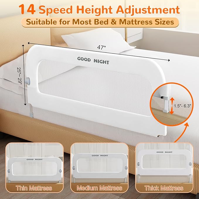 Bed Guard Rail for Toddlers - 47" Adjustable Heights & Folding up Portable Bed Railing for Baby - Toddler Bed Rails Guard for Crib, Twin, Bunk,Full Size, Queen & King Bed (White)