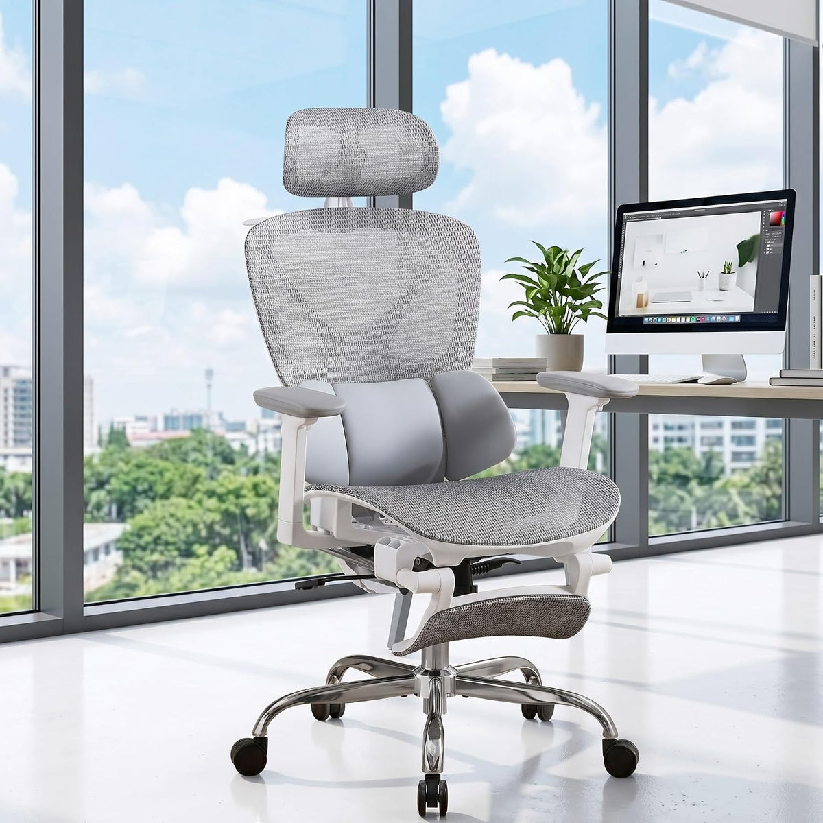 LuxErgo Big & Tall Ergonomic Mesh Office Chair 350lbs, High Back Reclining Gaming Desk Chair with 3D Headrest, Adjustable Armrests, Lumbar Support & Retractable Footrest, Gray