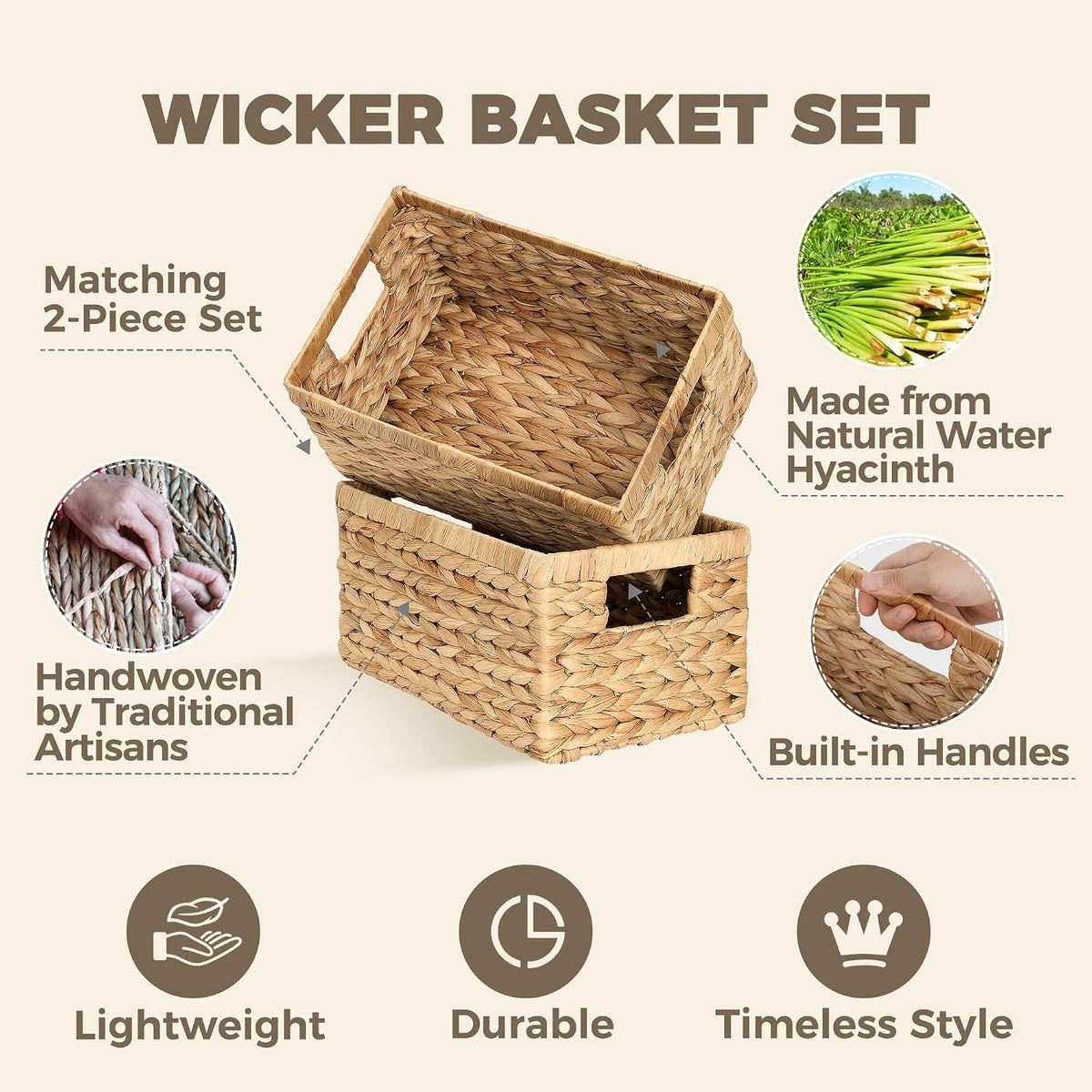 Set of 2 Wicker Shelf Storage Baskets for Organizing - Natural Durable Water Hyacinth Woven Basket Pantry Bin Organizers for Shelves with Handles for Home & Decor Organization, 12.5” x 8” x 6.5”