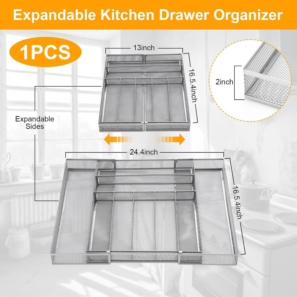1 Pcs Utensil Drawer Silverware Organizer, Metal Mesh, Silver