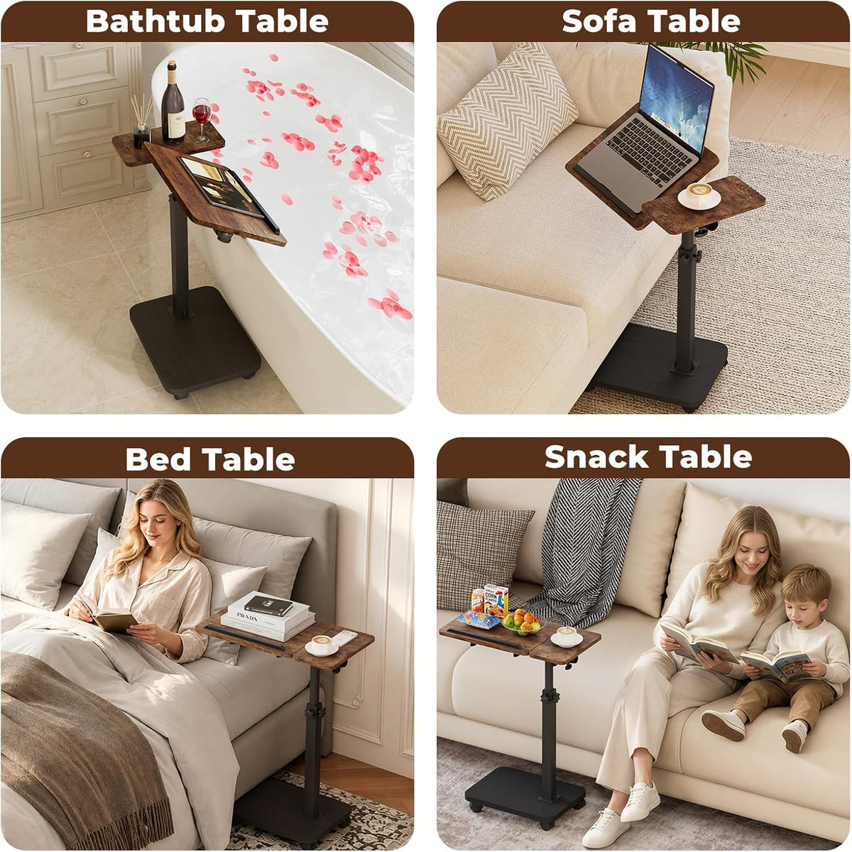 BROTTAR Rolling TV Tray Table with Wheels, Adjustable C Table, Rustic Brown