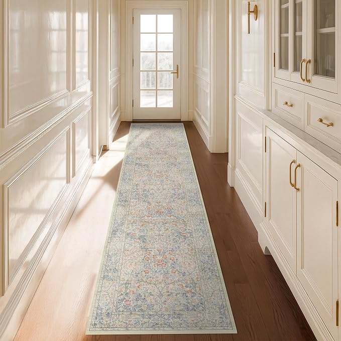 Hazo Haus Washable Beige Blue 2x10 Runner Rug