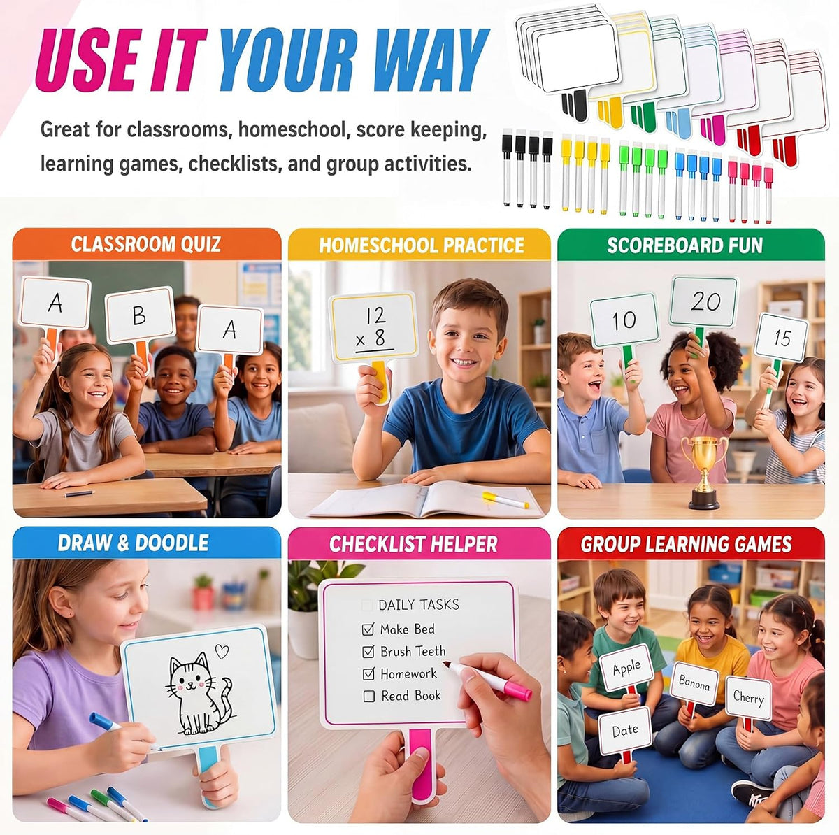 Henoyso 48 Pcs 8 x 10 Inch Dry Erase Answer Paddles, Classic