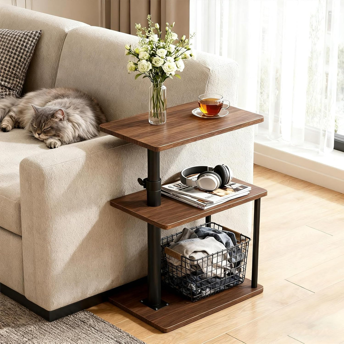 Faesun Swivel Side Table for Couch Arm, Height Adjustable C Shaped End Table for Recliner or Bed, Tv Trays with Storage Shelf for Small Spaces- Small Nightstand for Living Room, Bedroom