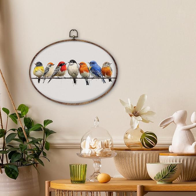 DILSJ Bird Oval Wall Art Decor, Rustic Nature Colorful Sparrow Birds Canvas Wall Art Framed, Watercolor Rustic Sparrow Hanging Decorations for Living Room Bedroom Home, 8.5x11 Inch