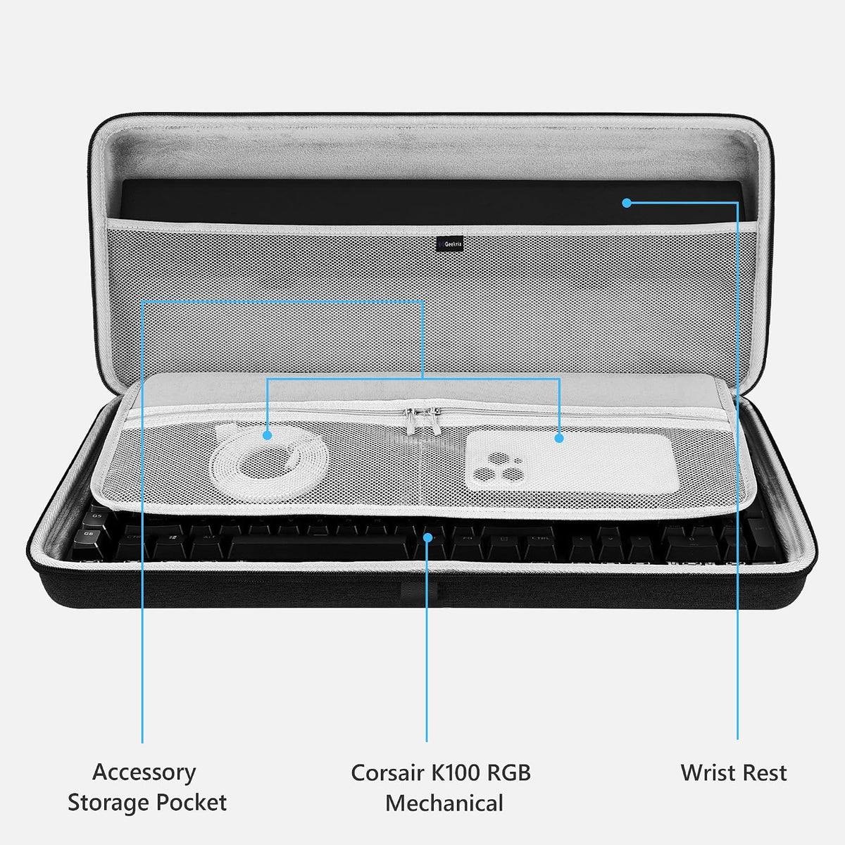 Geekria Full Size Keyboard Hard Shell Case Compatible with Corsair Galleon 100 SD/K100 RGB/K70 MAX, Razer BlackWidow V4 Pro, Travel Carrying Bag for 104-108 Key Computer Keyboard (Dark Gray)