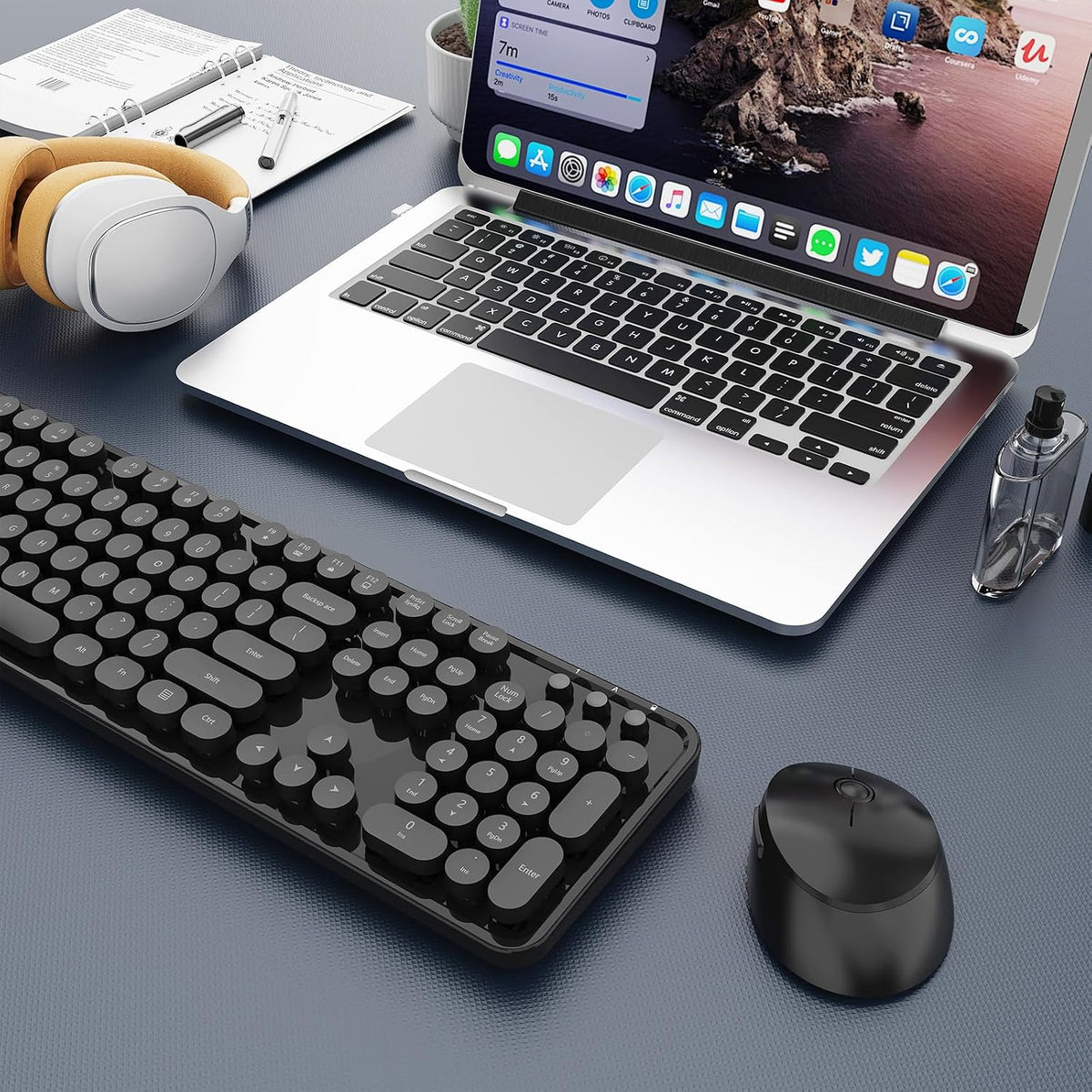 Wireless Keyboard and Mouse Combo, Ergonomic Full Size Typewriter Retro Round Keycaps Keyboard, Compatible with Windows, PC, Perfer for Home and Office Keyboards (Black