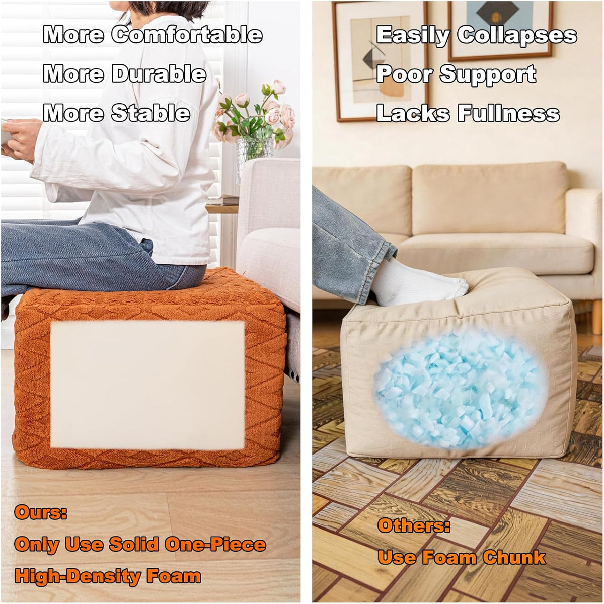Square Ottoman Pouf,Couch FootRest,Footstool,Orange, 20x20x14 in