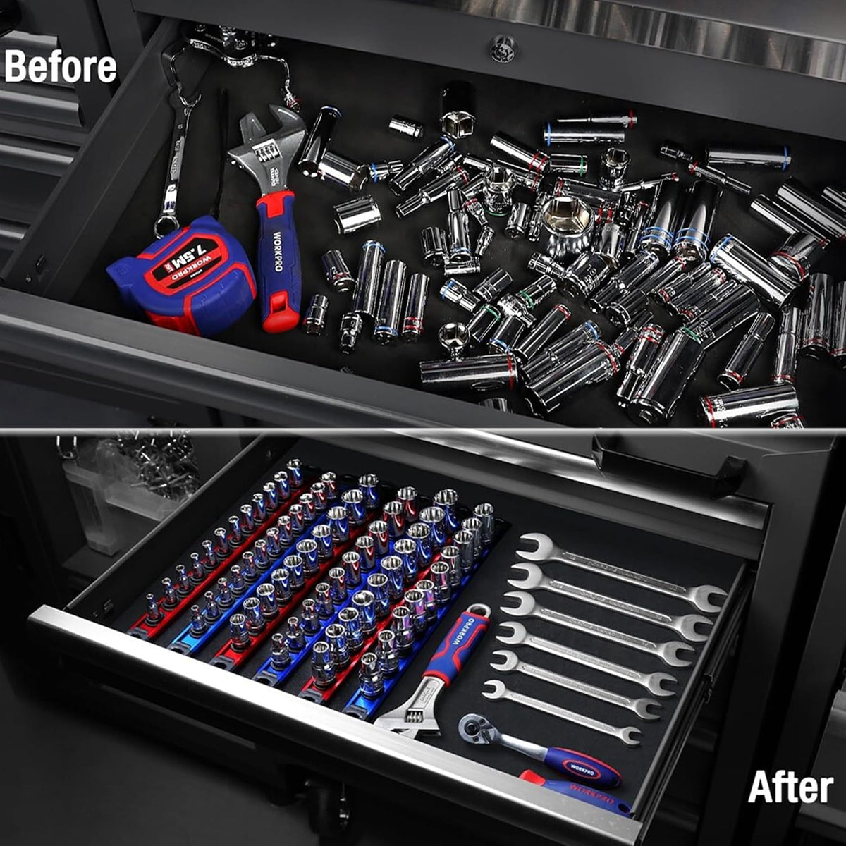 Magnetic Socket Holder Organizer 1/4" 3/8" 1/2" Socket Rail with 120 Clips