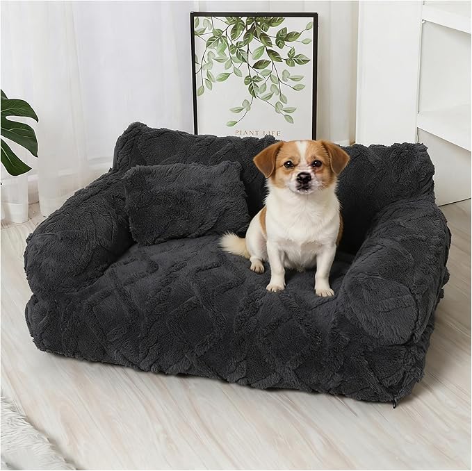 Plush Calming Pet Sofa Bed, Raised Rim, Removable Cover & Non-Slip Bottom for Cats & Dogs, Calming Dog Bed Fluffy Plush Dog Mat for Furniture Protector with Removable Washable Cover (Black, Medium)