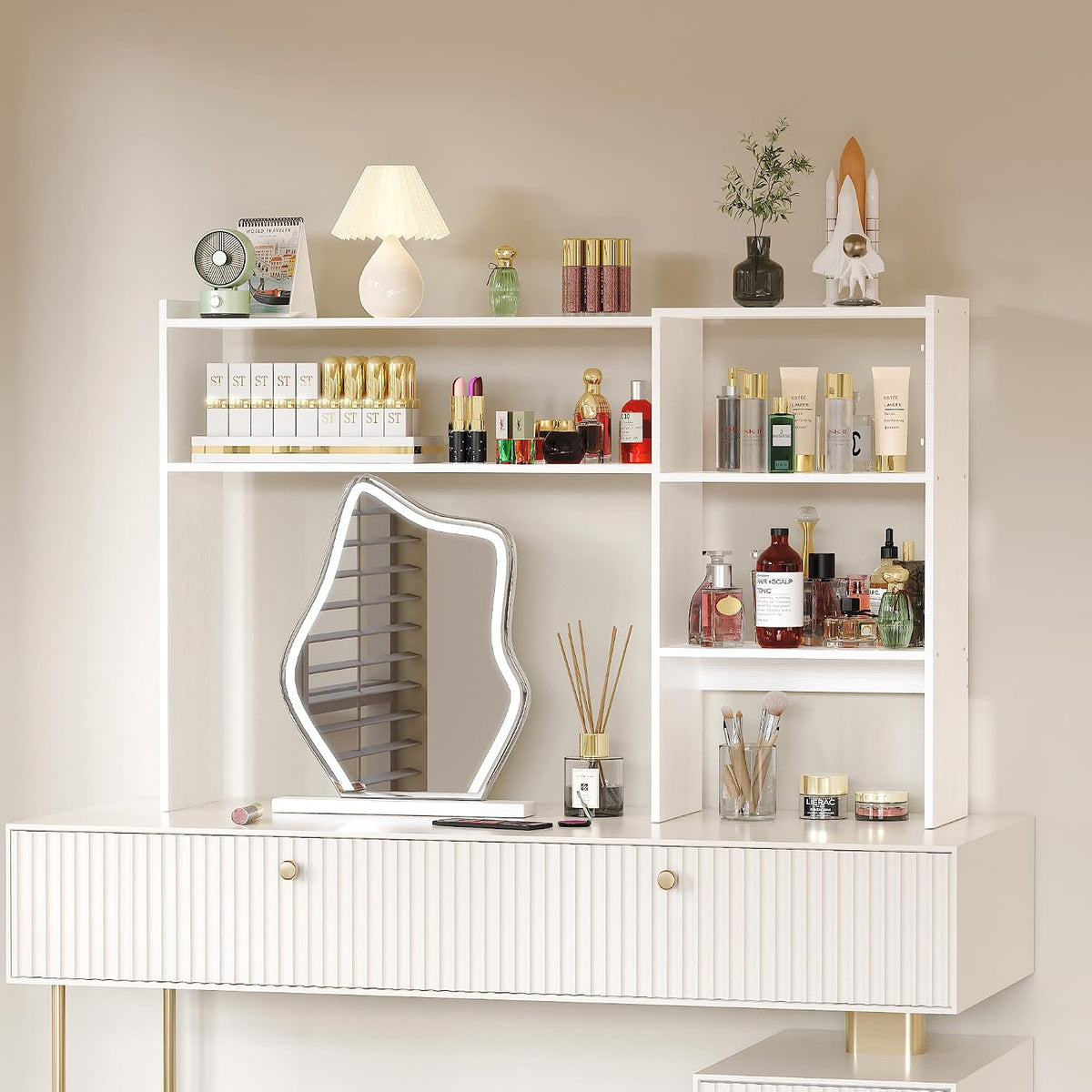Aetheris Desktop Bookshelf, 43”Adjustable Office Desktop Organizer Shelf, Countertop Storage Hutch with 4 Shelves for Computer Desk, Adjustable Desk Hutch, Wooden Desktop Bookcase