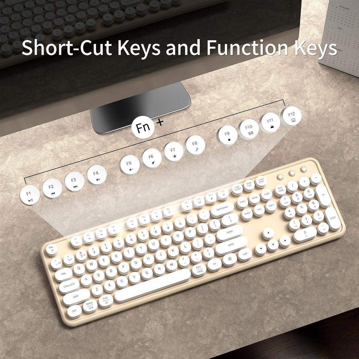 Cute Colorful Wireless Bluetooth Keyboard, White Milk Tea