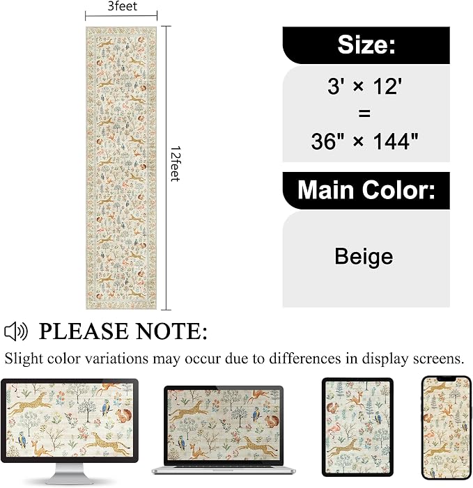 DUKINO 3x12 Runner Rug, Non Slip Animal Print Runner Rug