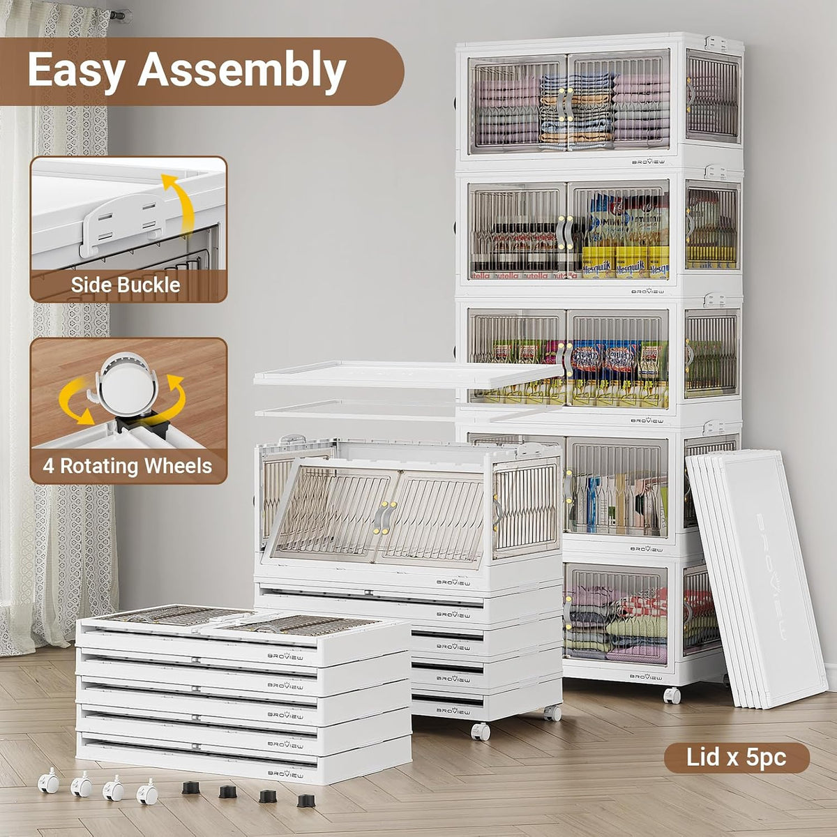 BROVIEW 150Gal Stackable Storage Bins with 5 Lids Foldable Cabinet, W,5Pack