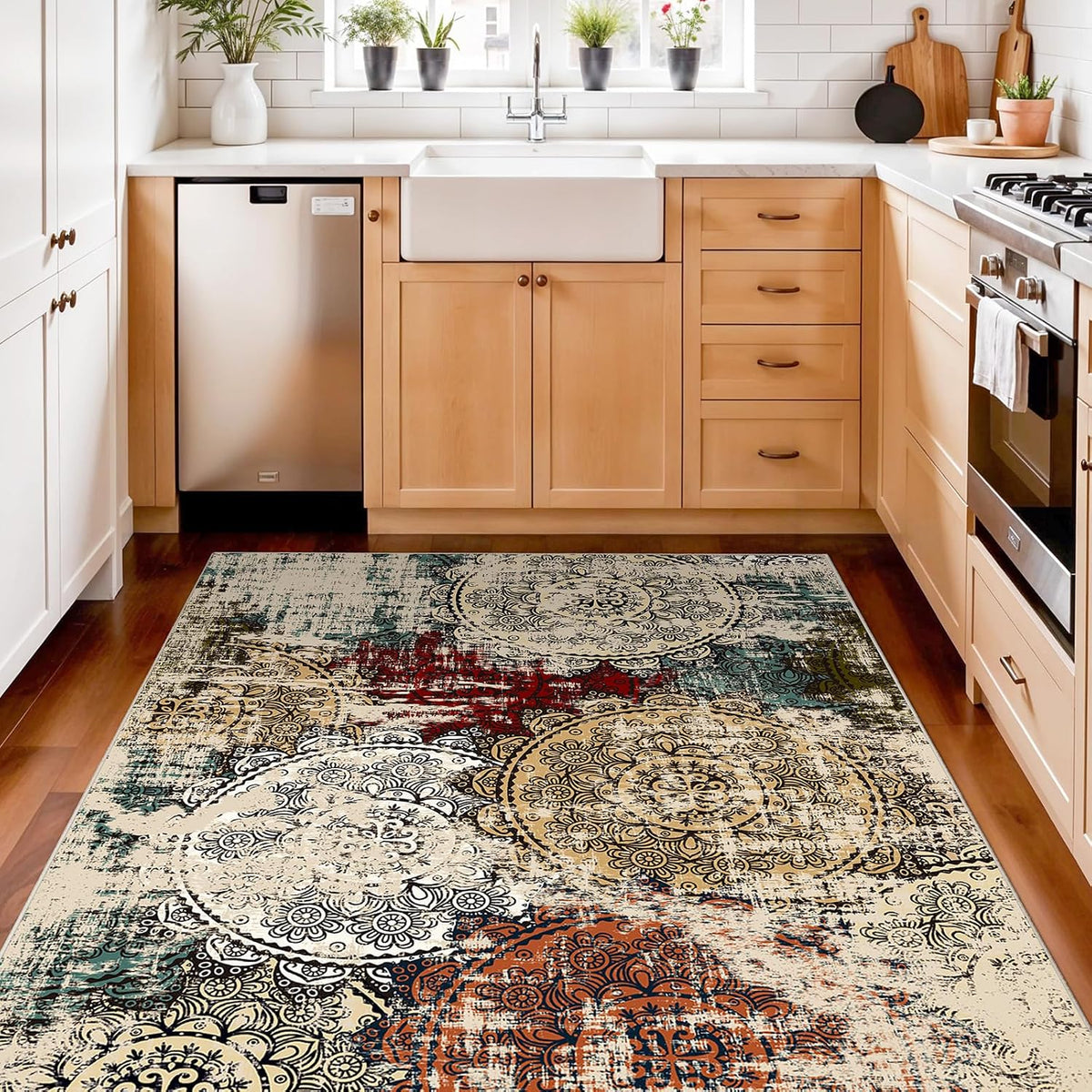 Washable 4x5 Area Rug Abstract: Red Soft Non-slip Mat Bathroom Households
