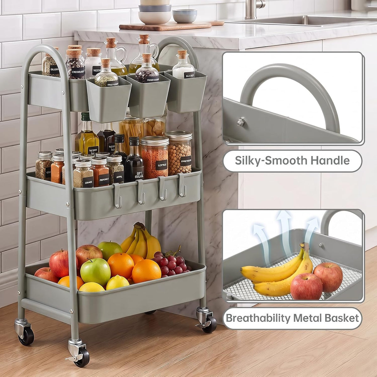 danpinera 3-Tier Rolling Cart, Metal Rolling Storage Cart with Wheels