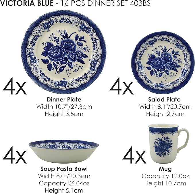 Tudor Royal 16-Piece Porcelain Round Dinnerware Set, Service