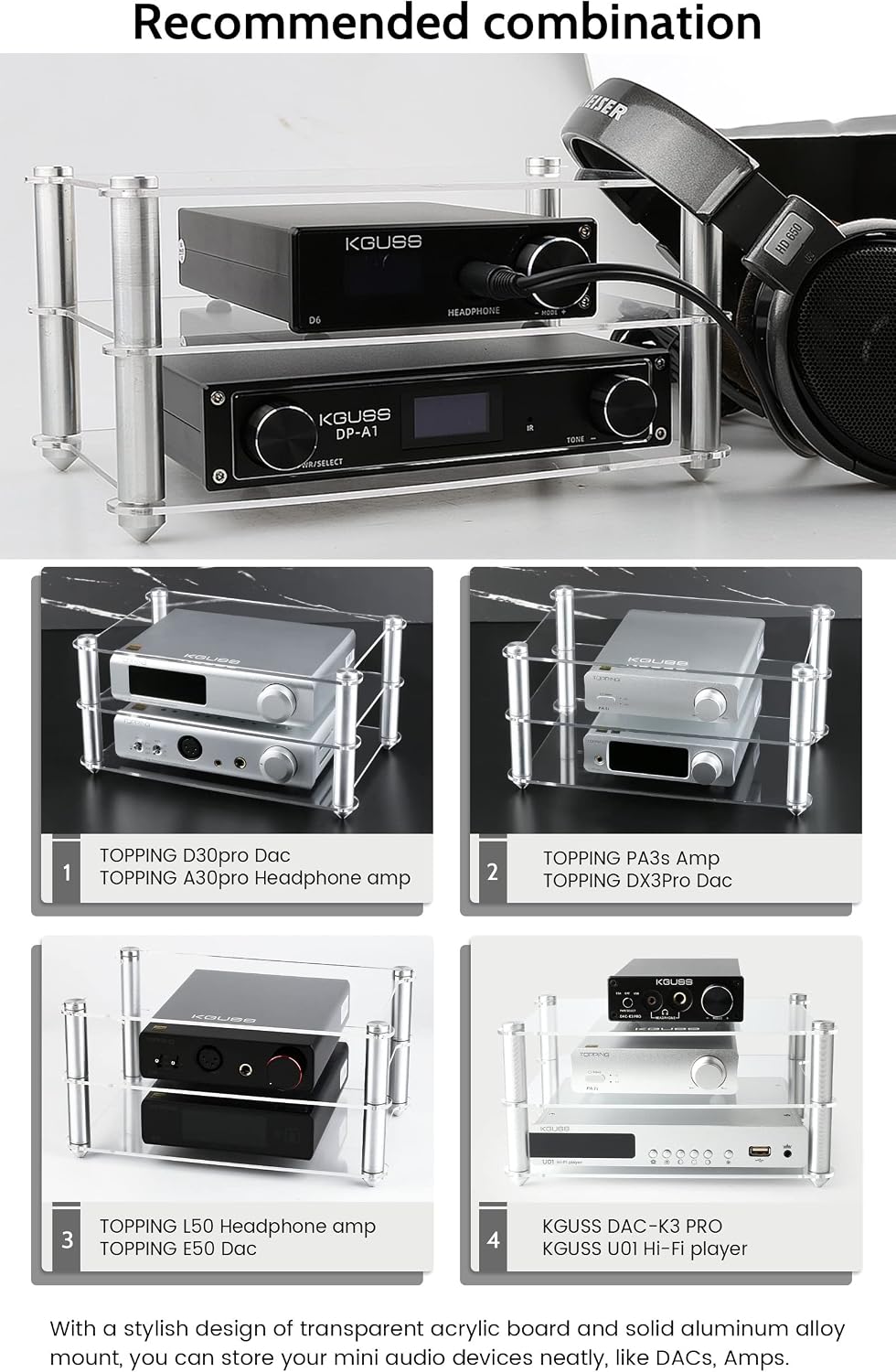 KGUSS Mini Audio Component Rack Acrylic 2-Layer Aluminium Holders Small Desktop Transparent Rack for HiFi Audio Equipment dac Amplifier Amp