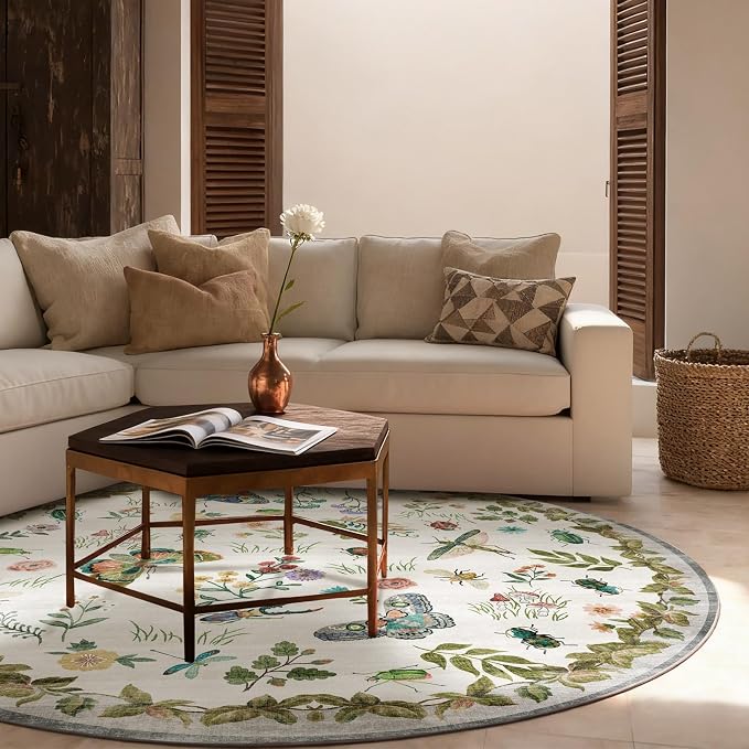 Washable Round Rugs for Bedroom 4ft: Living Room Rug Stain Resistant Non Slip